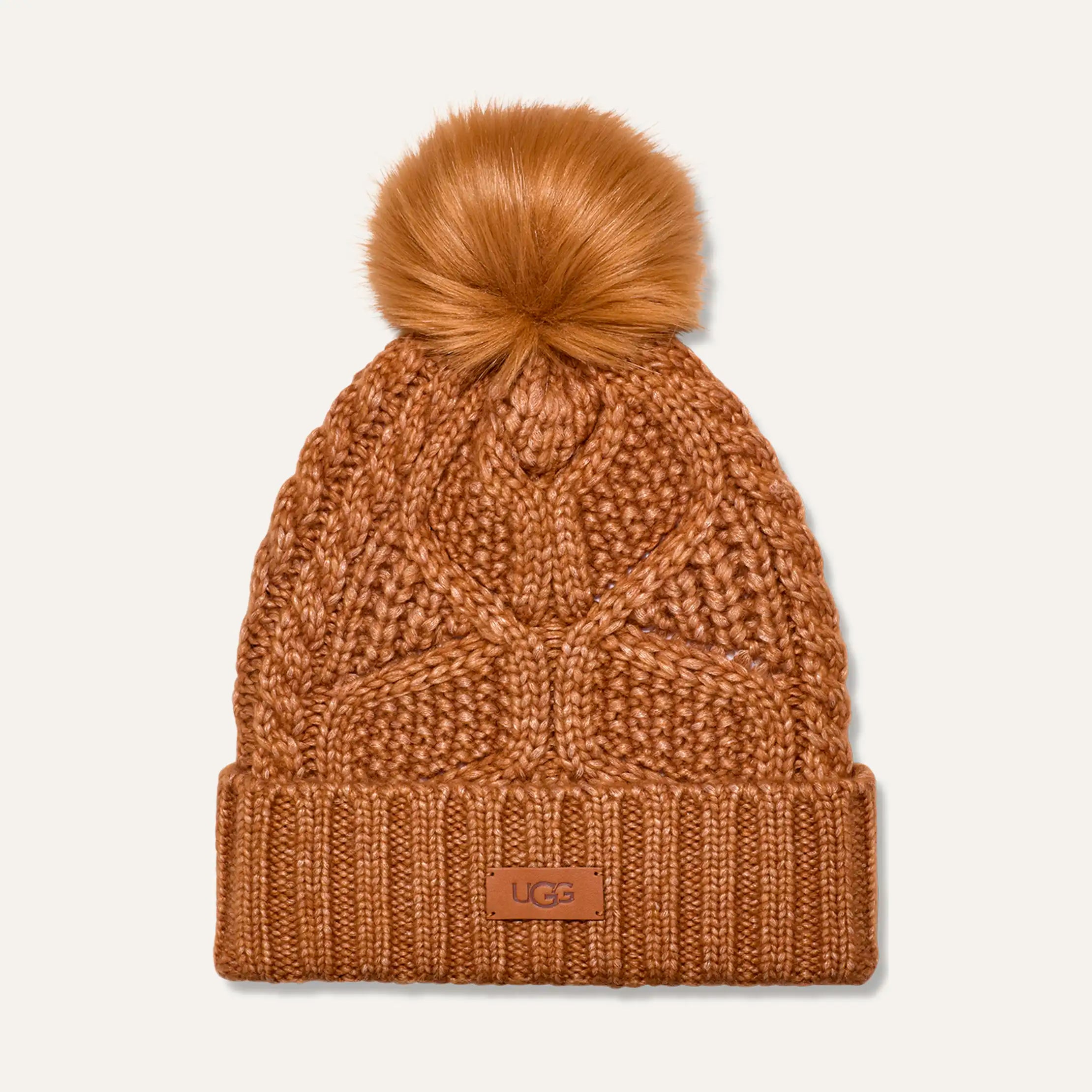 Women's Cable Beanie With Pom - CHESTNUT