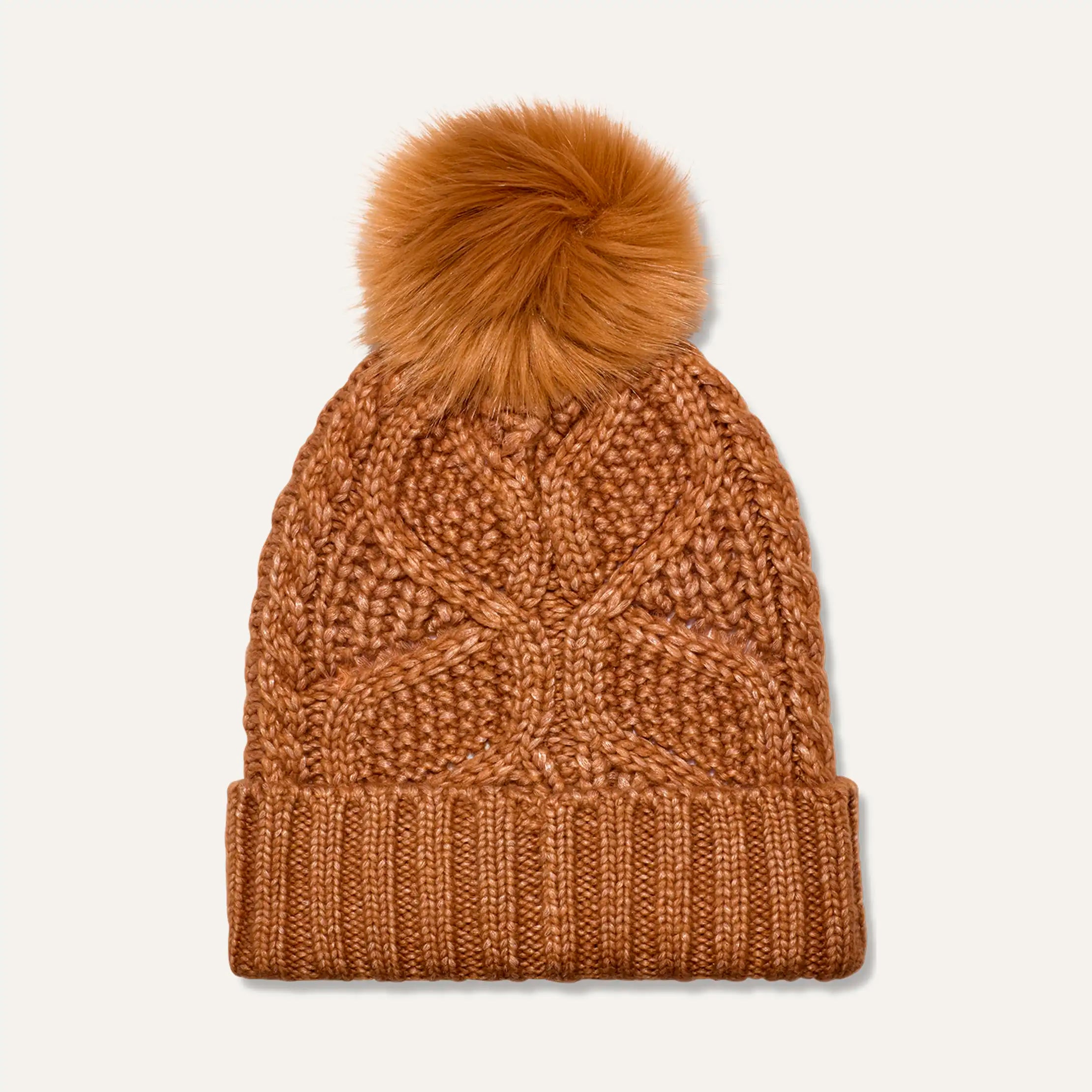 Women's Cable Beanie With Pom - CHESTNUT