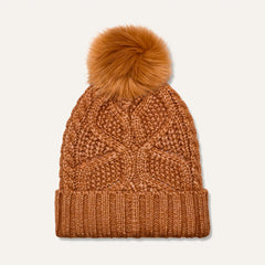 Women's Cable Beanie With Pom - CHESTNUT