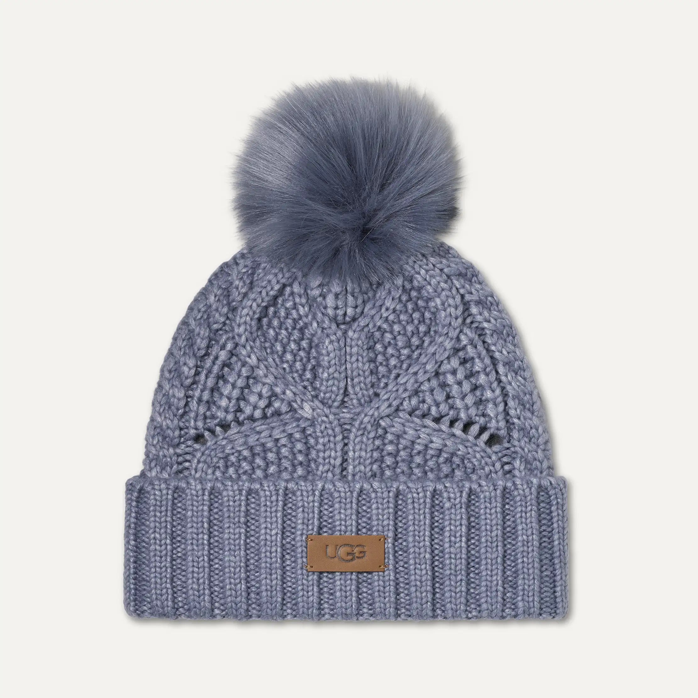 Women's Cable Beanie With Pom - SILVER BLUE