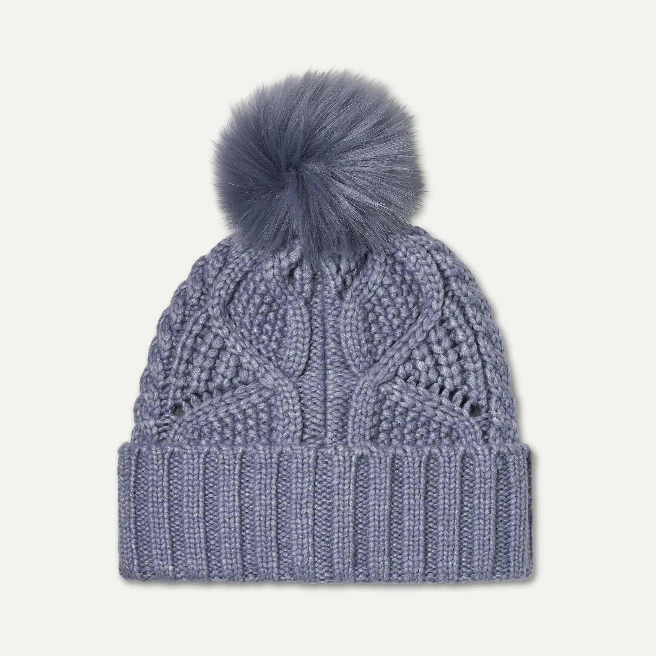 Women's Cable Beanie With Pom - SILVER BLUE
