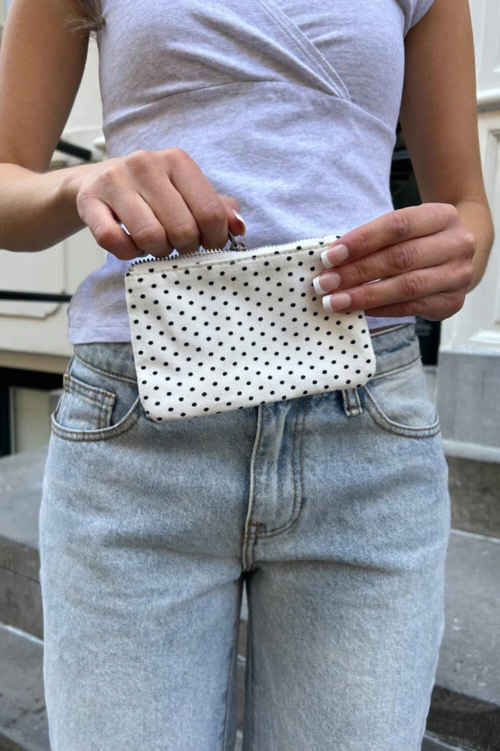 White with Navy Polka Dots
